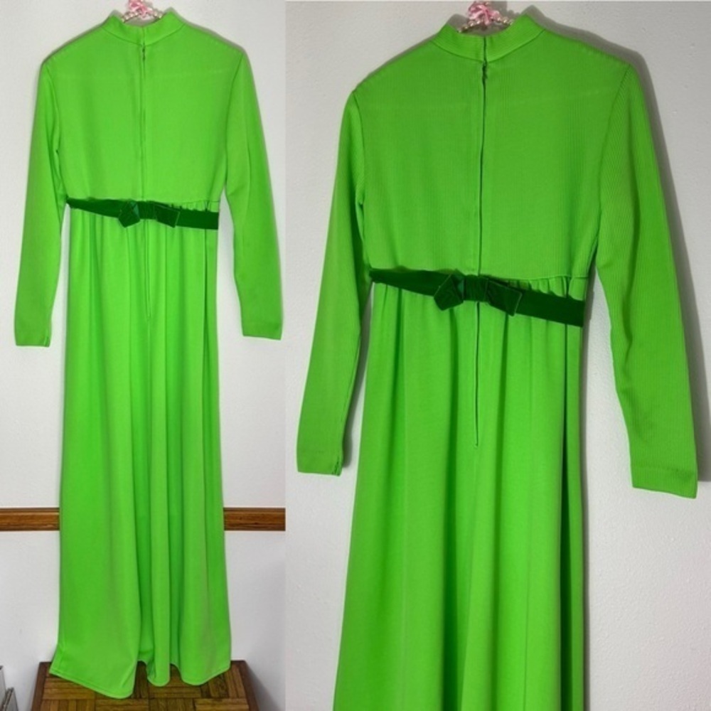 Vintage 60s retro bright green cocktail maxi dress with velvet bow belt size 9